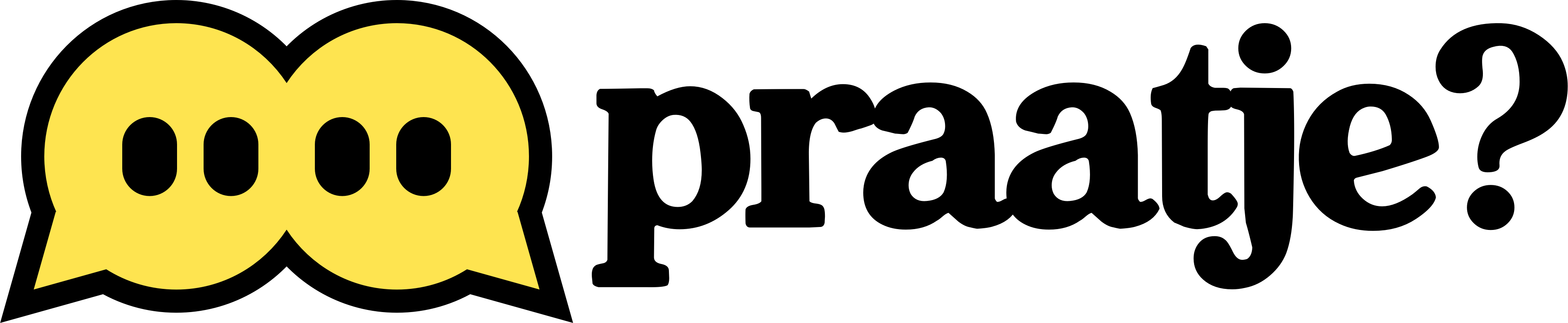 Praatje logo: twee gele tekstballonnetjes die naar elkaar toe bewegen en de tekst Praatje